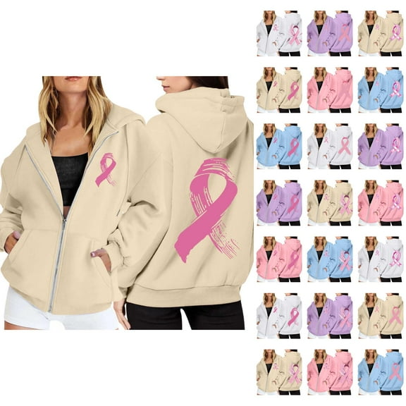 Breast Cancer Awareness Hoodie 2025 Long Sleeve Zip Up Hoodies with Pockets Hooded Sweatshirt Hoodie Women Jacket