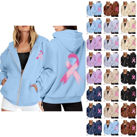 Breast Cancer Awareness Hoodie for Women 2025 Long Sleeve Zip Up Hoodies with Pockets Hooded Sweatshirt Jacket