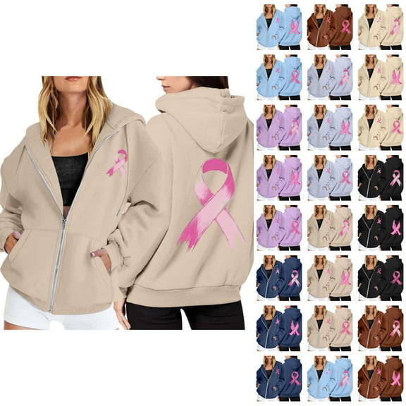 Breast Cancer Awareness Hoodie for Women 2025 Long Sleeve Zip Up Hoodies with Pockets Hooded Sweatshirt Jacket