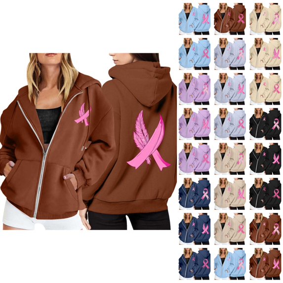Breast Cancer Awareness Hoodie for Women 2025 Long Sleeve Zip Up Hoodies with Pockets Hooded Sweatshirt Jacket