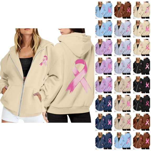 Breast Cancer Awareness Hoodie for Women 2025 Long Sleeve Zip Up Hoodies with Pockets Hooded Sweatshirt Jacket