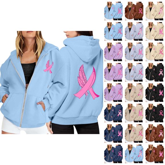 Breast Cancer Awareness Hoodie for Women 2025 Long Sleeve Zip Up Hoodies with Pockets Hooded Sweatshirt Jacket