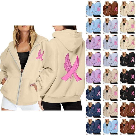 Breast Cancer Awareness Hoodie for Women 2025 Long Sleeve Zip Up Hoodies with Pockets Hooded Sweatshirt Jacket