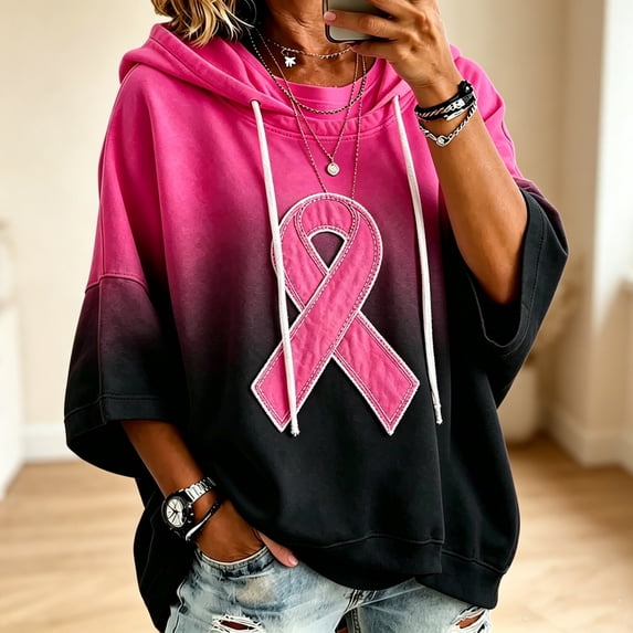Breast Cancer Awareness Hoodies Women Hooded Gradient Ribbon Batwing 3/4 Sleeve Sweatshirt, 2XL