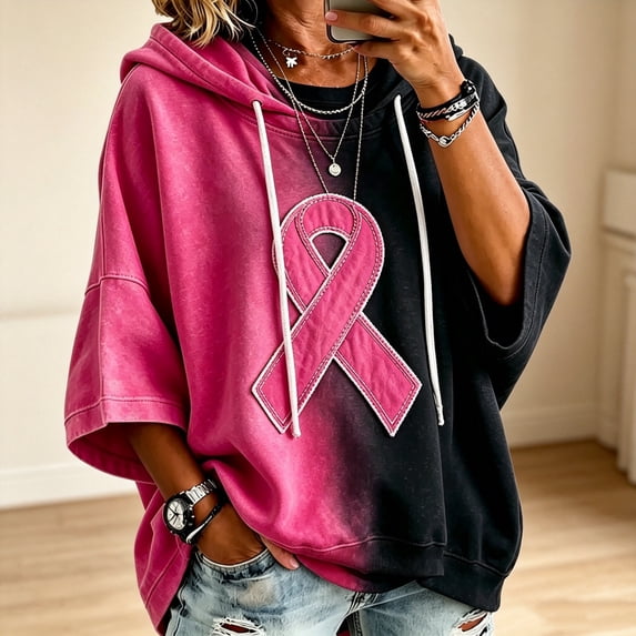 Breast Cancer Awareness Hoodies Women Hooded Gradient Ribbon Batwing 3/4 Sleeve Sweatshirt, S