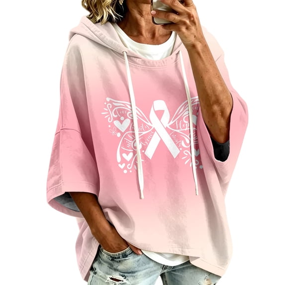 Cancer Awareness Hoodies Women Hooded Pink Ribbon Sweatshirt | Batwing 3/4 Sleeve, Oversized, Pullover, Cute Pattern, Fall Comfort, We Wear Pink in October, Sweat Shirts, Ladies Sweaters