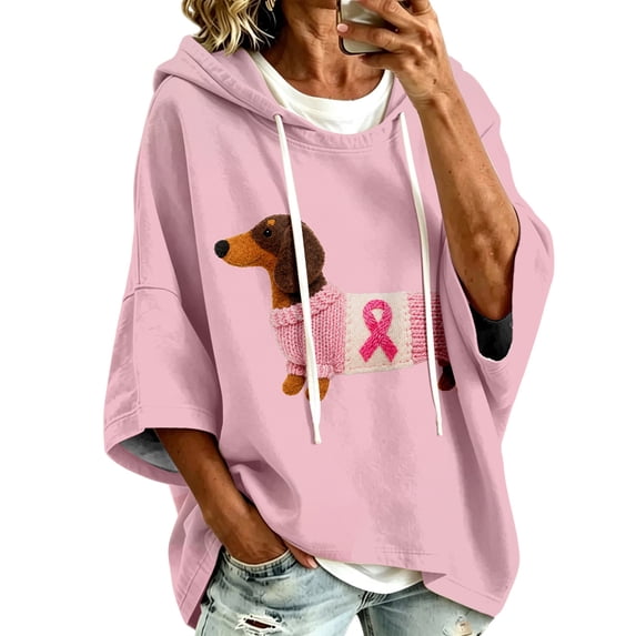 Cancer Awareness Hoodies Women Hooded Pink Ribbon Sweatshirt | Batwing 3/4 Sleeve, Oversized, Pullover, Cute Pattern, Fall Comfort, We Wear Pink in October, Sweat Shirts, Ladies Sweaters