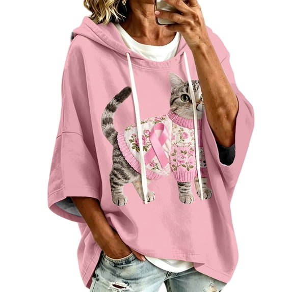 Breast Cancer Awareness Hoodies Women Hooded Pink Ribbon Sweatshirt | Batwing 3/4 Sleeve, Oversized, Pullover, Cute Pattern, Fall Comfort, We Wear Pink in October, Sweat Shirts, Ladies Sweaters