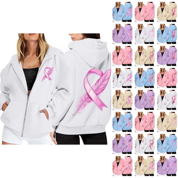Breast Cancer Awareness Hoodies for Women 2025 Fleece Lined Zip Up Hoodie with Pockets Hooded Sweatshirt Pullover Tops
