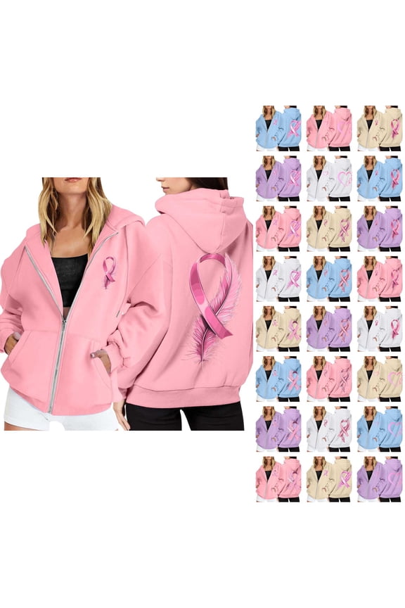 Breast Cancer Awareness Hoodies for Women 2025 Fleece Lined Zip Up Hoodie with Pockets Hooded Sweatshirt Pullover Tops
