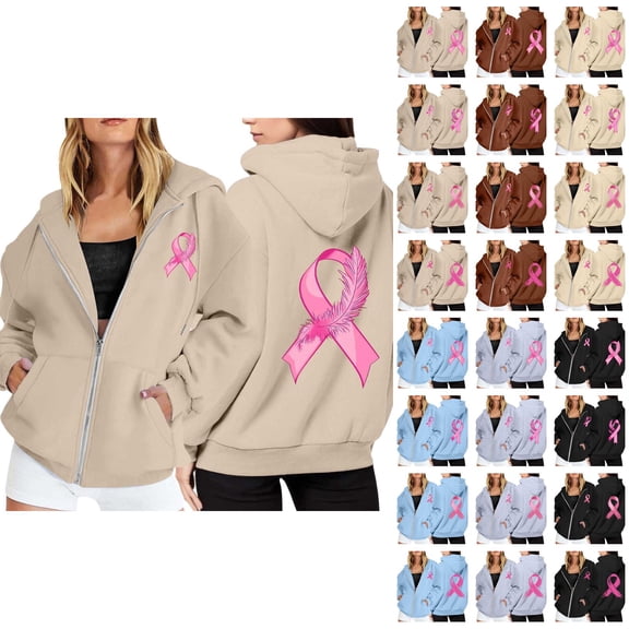 Breast Cancer Awareness Hoodies for Women 2025 Long Sleeve Zip Up Hoodie with Pockets Hooded Sweatshirt Women Jacket
