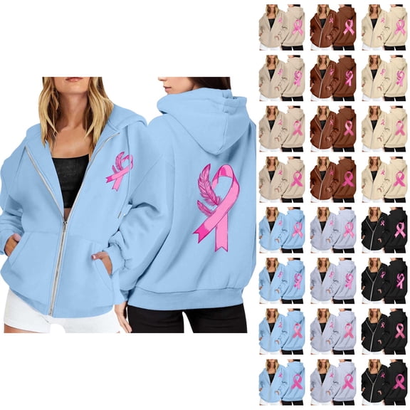 Breast Cancer Awareness Hoodies for Women 2025 Long Sleeve Zip Up Hoodie with Pockets Hooded Sweatshirt Women Jacket