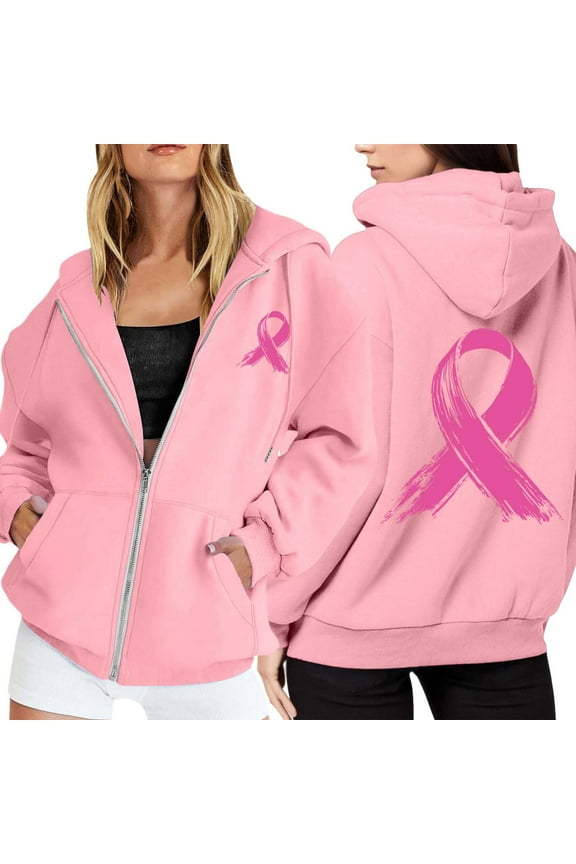 Breast Cancer Awareness Hoodies for Women 2025 Long Sleeve Zip Up Hoodie with Pockets Hooded Sweatshirt Women Jacket