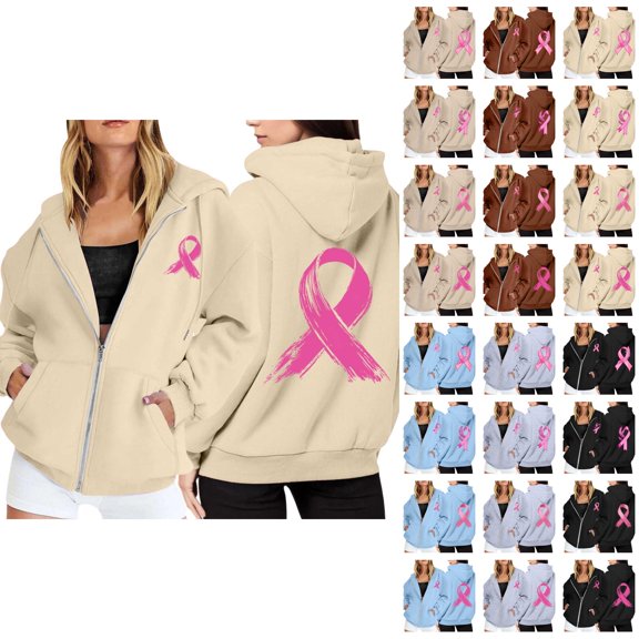 Breast Cancer Awareness Hoodies for Women 2025 Long Sleeve Zip Up Hoodie with Pockets Hooded Sweatshirt Women Jacket