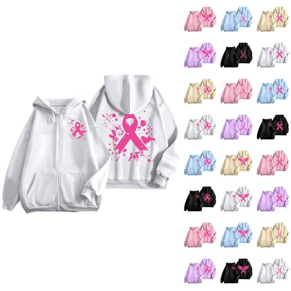 Breast Cancer Awareness Hoodies for Women 2025 Pink Ribbon Graphic Zip Up Hooded Sweatshirt with Pockets Jackets Coat