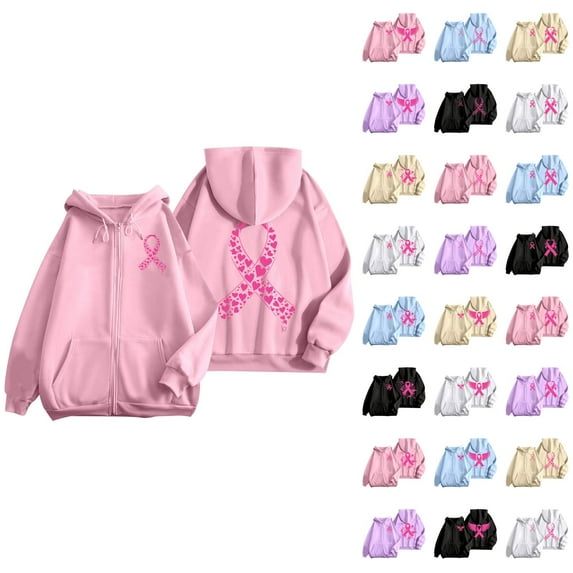 Breast Cancer Awareness Hoodies for Women 2025 Pink Ribbon Graphic Zip Up Hooded Sweatshirt with Pockets Jackets Coat