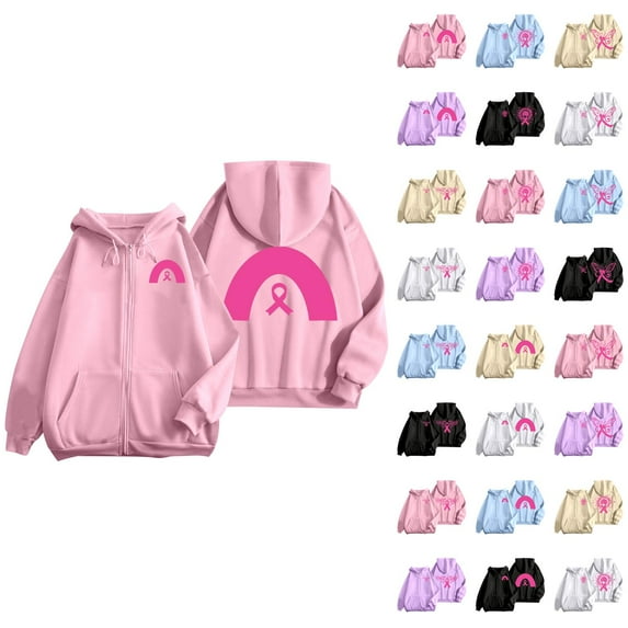 Breast Cancer Awareness Hoodies for Women 2025 Pink Ribbon Zip Up Graphic Hooded Sweatshirt with Pockets Jackets Coat