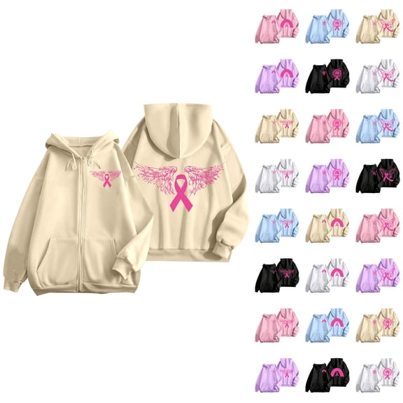 Breast Cancer Awareness Hoodies for Women 2025 Pink Ribbon Zip Up Graphic Hooded Sweatshirt with Pockets Jackets Coat