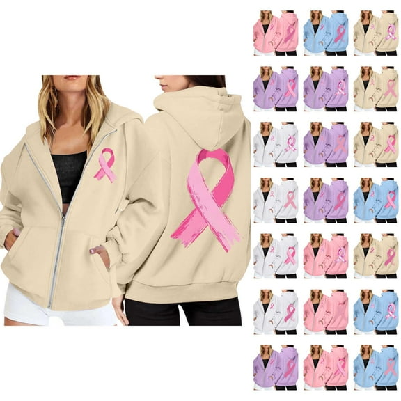 Breast Cancer Awareness Hoodies for Women 2025 Zip Up Fleece Lined Hoodie with Pockets Hooded Sweatshirt Pullover Top