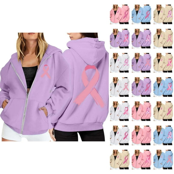 Breast Cancer Awareness Hoodies for Women 2025 Zip Up Fleece Lined Hoodie with Pockets Hooded Sweatshirt Pullover Top