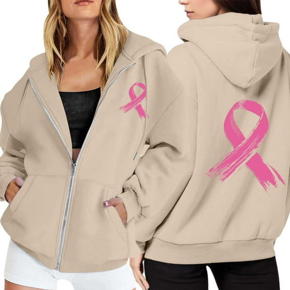 Breast Cancer Awareness Hoodies for Women 2025 Zip Up Long Sleeve Hoodie with Pockets Hooded Sweatshirt Women Jacket