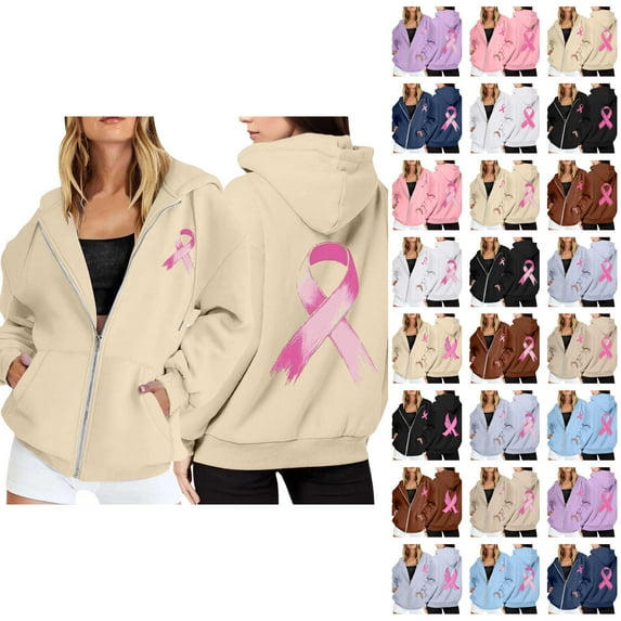 Breast Cancer Awareness Hoodies for Women 2025 Zip Up Long Sleeve Hoodie with Pockets Hooded Sweatshirt Women Jacket