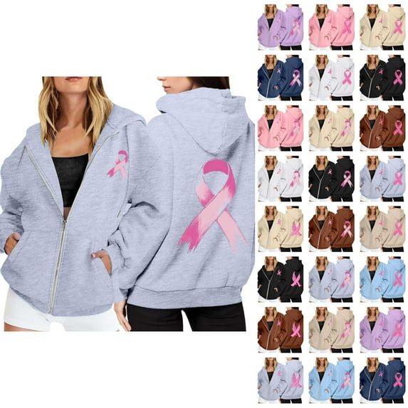 Breast Cancer Awareness Hoodies for Women 2025 Zip Up Long Sleeve Hoodie with Pockets Hooded Sweatshirt Women Jacket