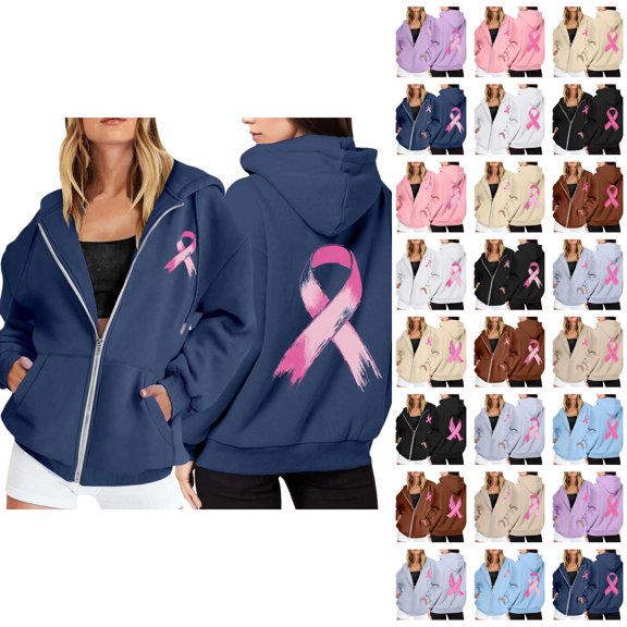 Breast Cancer Awareness Hoodies for Women 2025 Zip Up Long Sleeve Hoodie with Pockets Hooded Sweatshirt Women Jacket