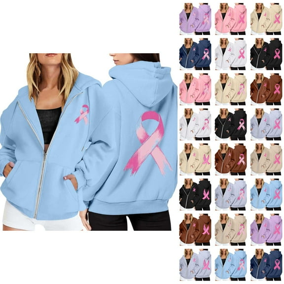 Breast Cancer Awareness Hoodies for Women 2025 Zip Up Long Sleeve Hoodie with Pockets Hooded Sweatshirt Women Jacket
