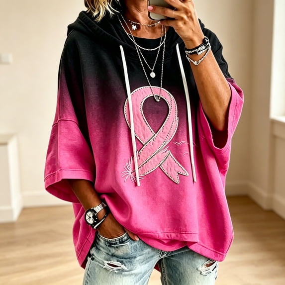 Breast Cancer Awareness Hoodies for Women Batwing 3/4 Sleeve Oversized Pullover Hooded Sweatshirts Fall Comfort Causal Hoodies, L