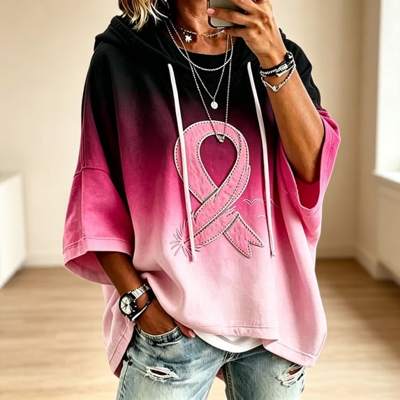 Breast Cancer Awareness Hoodies for Women Batwing 3/4 Sleeve Oversized Pullover Hooded Sweatshirts Fall Comfort Causal Hoodies, M