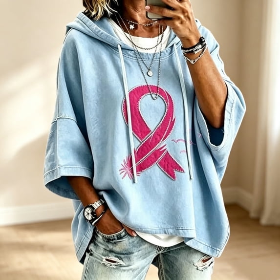 Breast Cancer Awareness Hoodies for Women Batwing 3/4 Sleeve Oversized Pullover Hooded Sweatshirts Fall Comfort Causal Hoodies, XL
