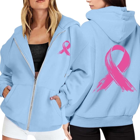 Breast Cancer Awareness Hoodies for Women, Pink Ribbon Feather Graphic Zip‑Up Oversized Hooded Jacket with Pockets