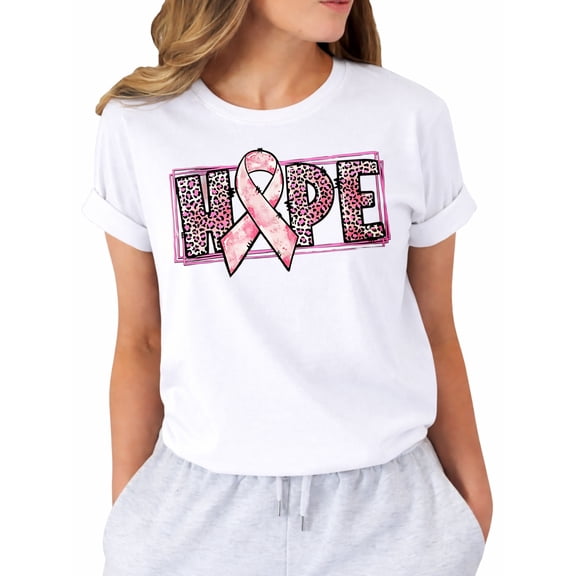 Breast Cancer Awareness Hope Pink Ribbon T-Shirt for Women, Leopard Print Support Short Sleeve Graphic Shirt
