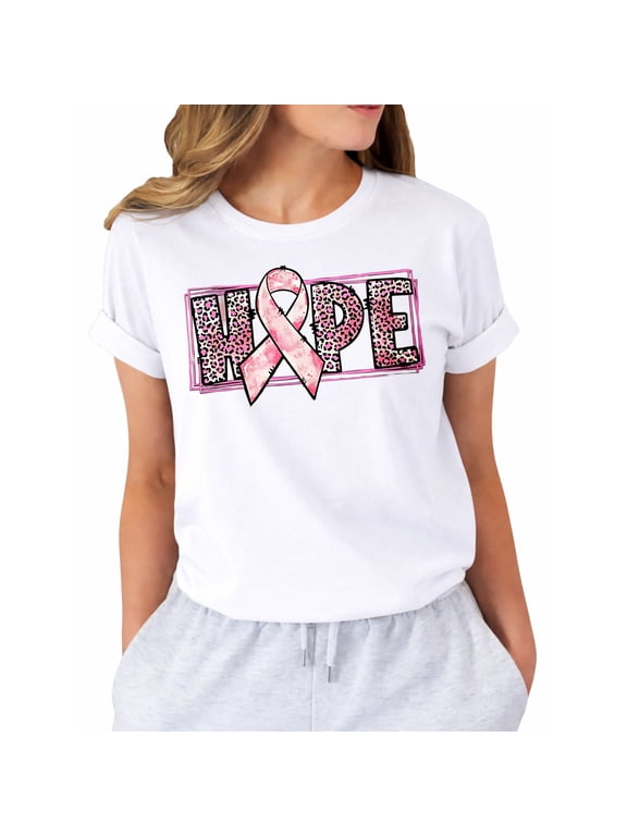 Breast Cancer Awareness Hope Pink Ribbon T-Shirt for Women, Leopard Print Support Short Sleeve Graphic Shirt