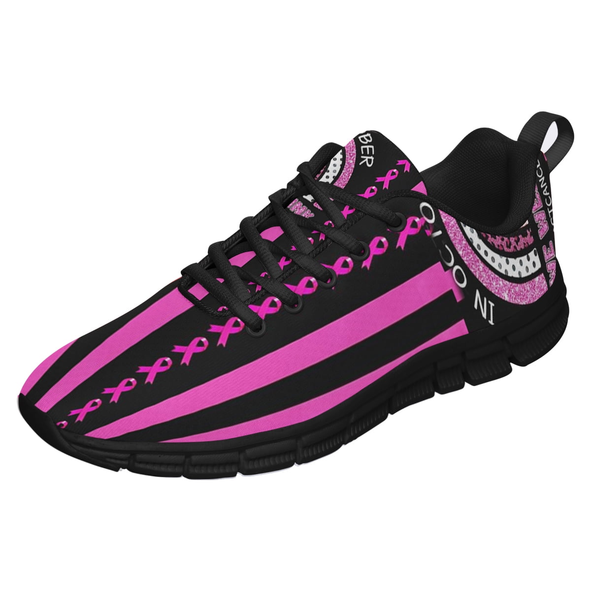 Pattern Print Breast Cancer Awareness Pink Ribbon Black Sneaker Shoes For Men Women