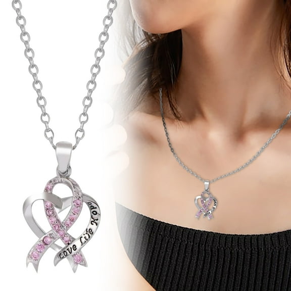 Cancer Awareness Jewelry Set - Silver Pink Ribbon Necklace, Inspirational Gift for Survivors with CZ Stones