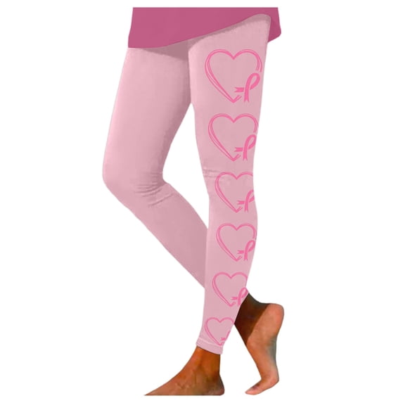 Breast Cancer Awareness Leggings For women Pink Ribbon Heart Print High Waist 4-Way Stretch Soft Leggings for Workout Gym Casual