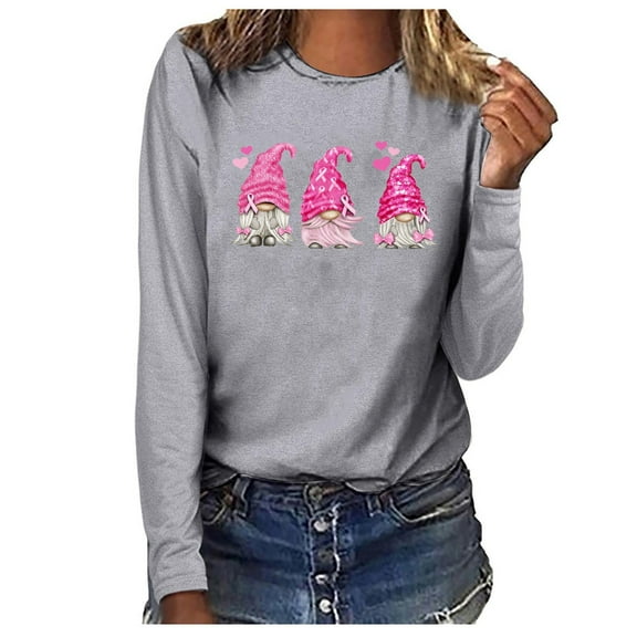 Breast Cancer Awareness Long Sleeve Shirt for Women Cute Gnomes Pink Ribbon Printed Pullover Tee Tops October Clothes