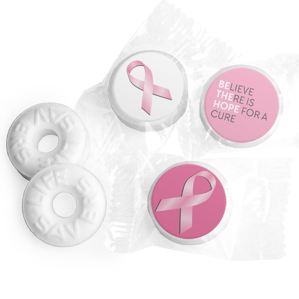 Breast Cancer Awareness Mints and Stickers, Pink Ribbon Sticker, BCA Month LifeSavers Giveaways Pep-o-mint (Approx. 300-335 mints)