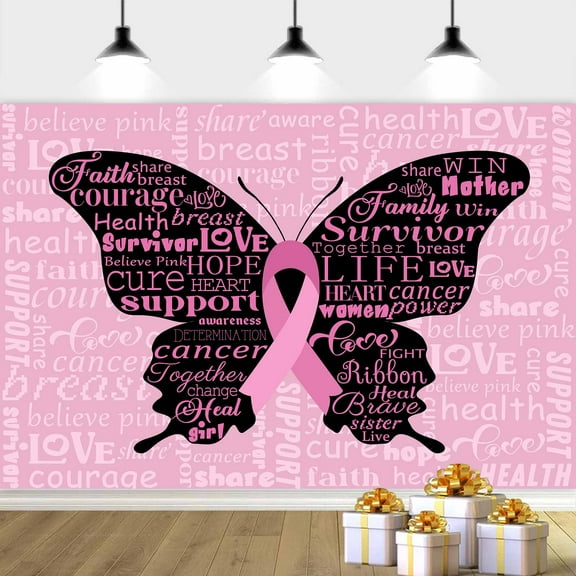 Breast Cancer Awareness Month Backdrop, Pink Ribbon Butterfly Inspiring Words Photography Background, Hope Faith Strength Courage Fight for A Cure Backdrop for Charity Activity Decor 5x3ft