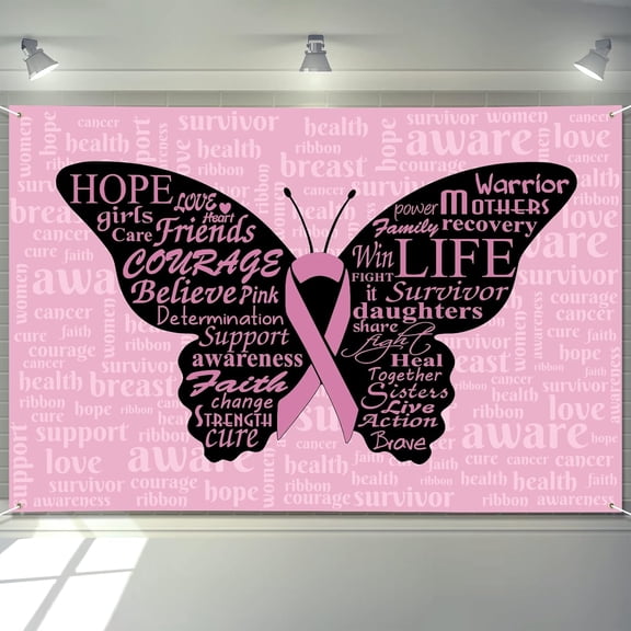 Breast Cancer Awareness Month Banner 71" x 47" Decorations Pink Ribbon Butterfly Inspiring Words Hope Faith Strength Backdrop Phtotgraphy Background for Charity Activity Fundraising Gathering