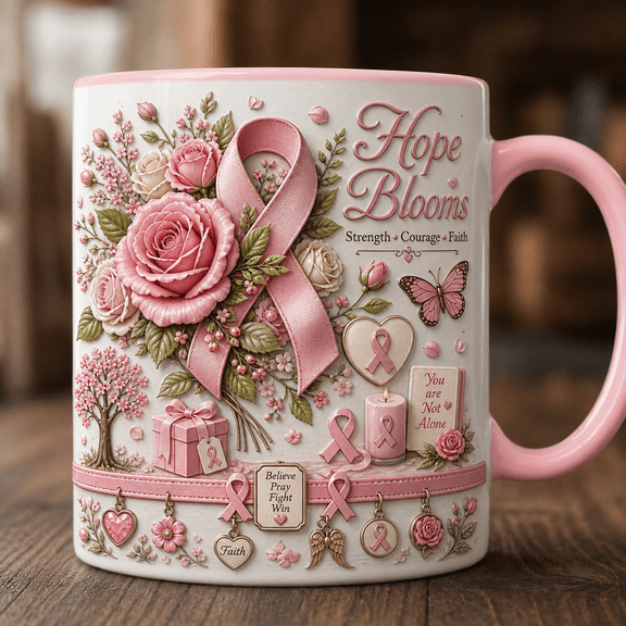 Breast Cancer Awareness Ceramic Mugs Personalized Pink Ribbon Rose Bouquet Gift