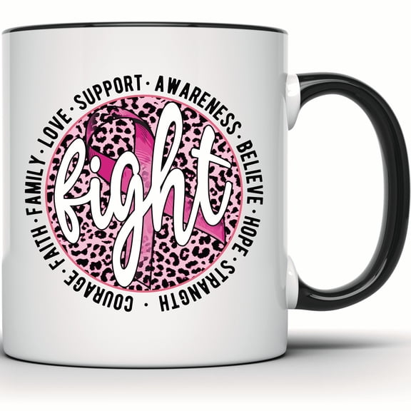 Breast Cancer Awareness Mug, Pink Ribbon Fight Support Mug, Hope Strength Believe Gift, Leopard Print Design - 11 Ounce Black Rim Handle Novelty Coffee Cup - WMUG1918-BLK