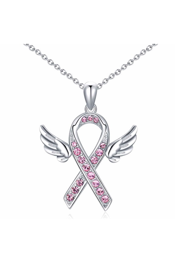Breast Cancer Awareness Necklace Gifts for Women Sterling Silver Pink Ribbon Angel Wings Pendant Necklace for Women Breast Cancer Survivor