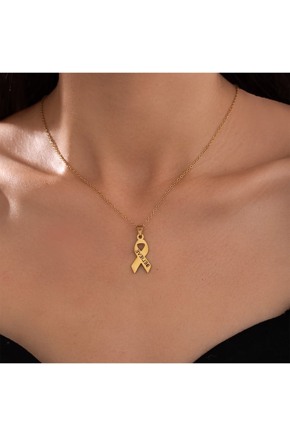 Breast Cancer Awareness Necklace - Pink Ribbon Charm Alloy Inspirational Jewelry Gift Hope Symbol Support Cause Encouragement Token(D-Gold)