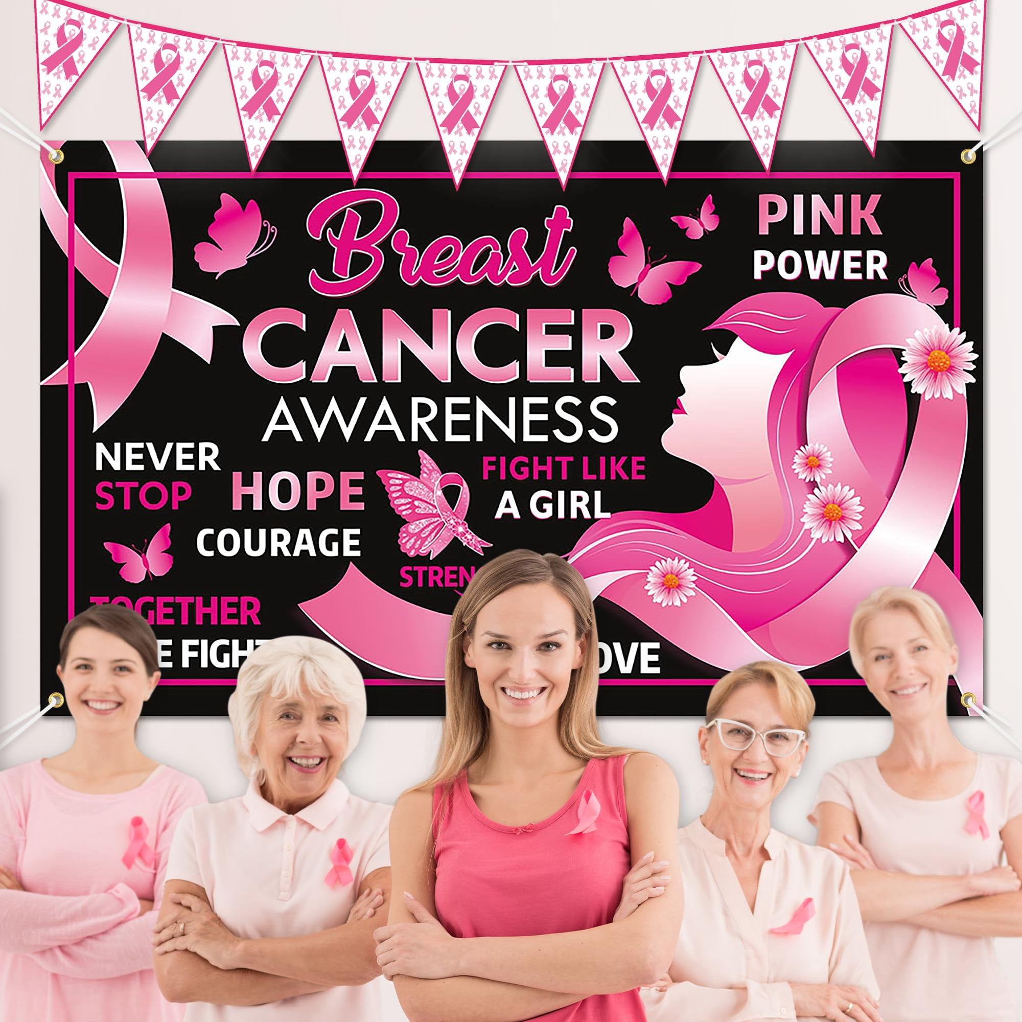 Breast Cancer Awareness Pink Backdrop and Pennant Flags Set 1 Pack ...
