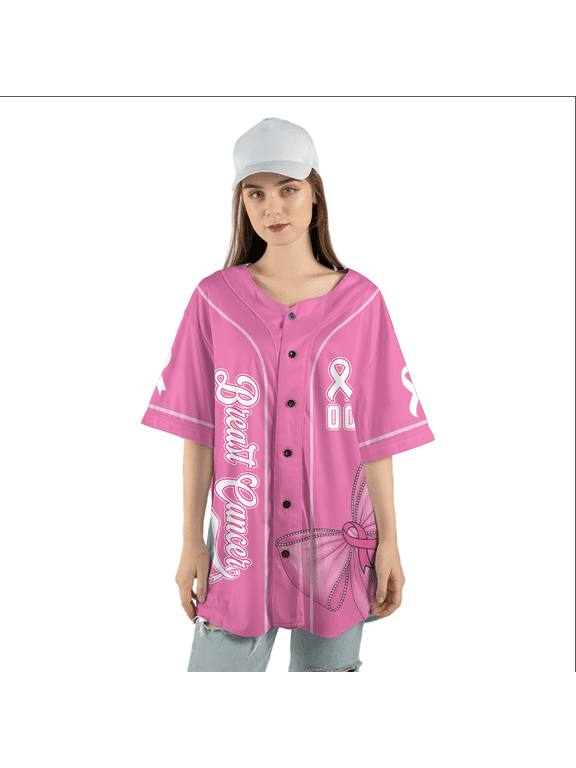 Breast Cancer Awareness Pink Baseball Jersey – Pink Ribbon Support Shirt – Unisex Custom Number Jersey Top