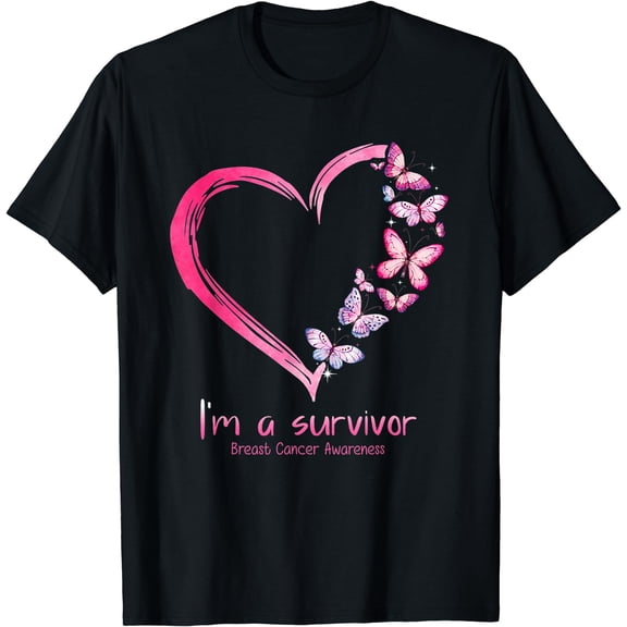 Breast Cancer Awareness Pink Butterfly Heart I'm A Survivor T-Shirt