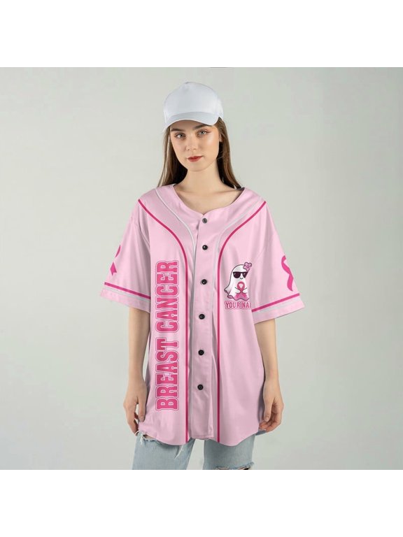 Breast Cancer Awareness Pink Halloween Baseball Jersey – Custom Name Shirt – In October We Wear Pink Ghost Squad Shirt for Women & Supporters